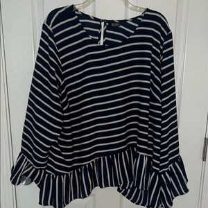a.n.a Blue and White Ruffled Long Sleeve Blouse